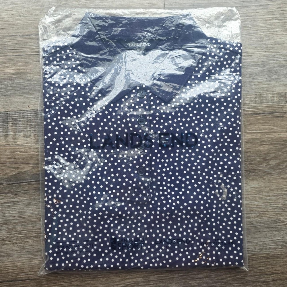 Lands End Midnight Indigo Mini Polka Dot Cotton Polo Shirt Medium Petite NWT